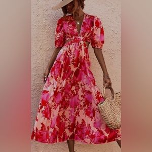 Allover Floral Print Cutout Puff Sleeve Dress